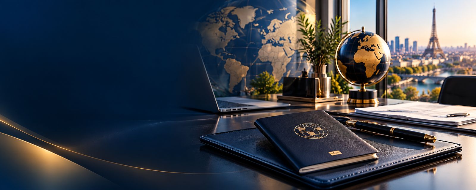 Bureau avec passeport, globe doré et vue sur Paris